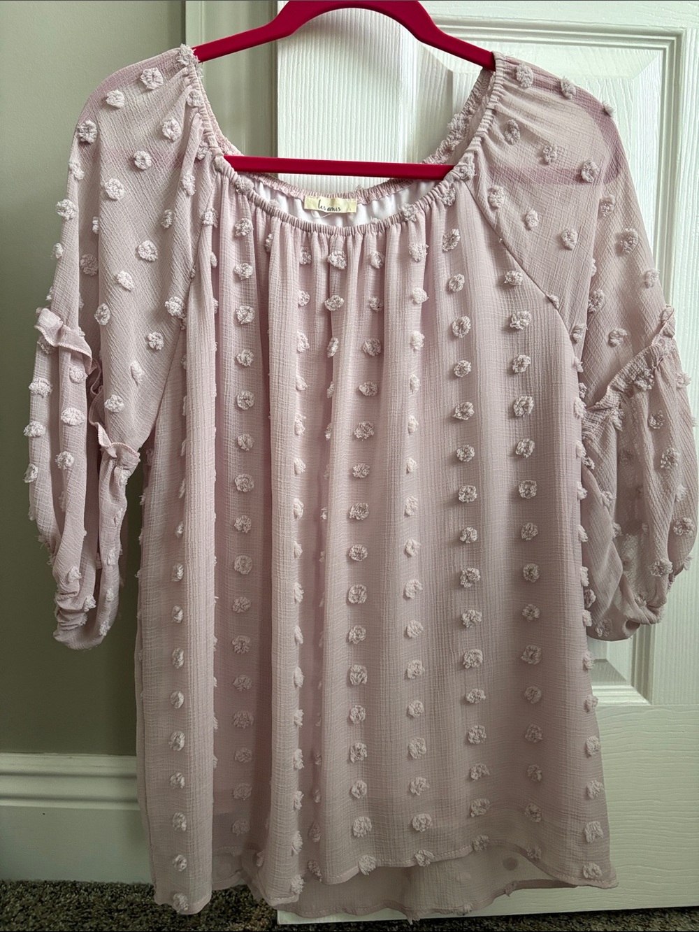 Light Blush Pom-Pom Swiss Dot Peasant Blouse
